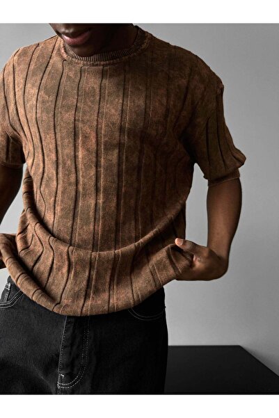 elkumoda Vintage Look Crew Neck Knitwear Relaxed Fit Acid Wash Knitted T-Shirt