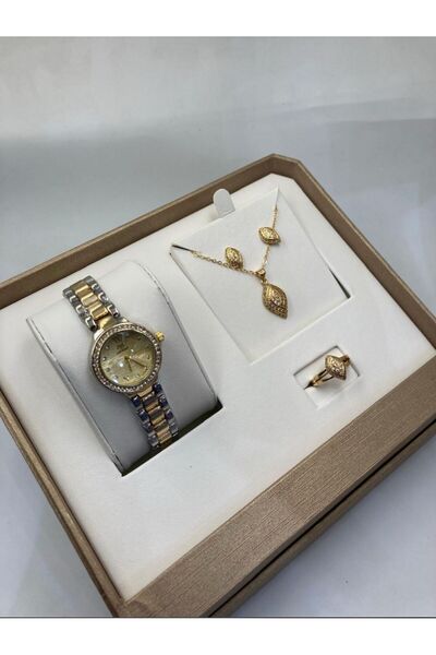 Zarif Women's gold watch set consisting of a watch, necklace, ring, and earrings