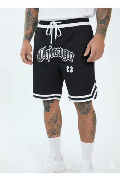 NİCE Printed Chicago Design Men's Black Basketball Shorts - Retro Style Non-G...
