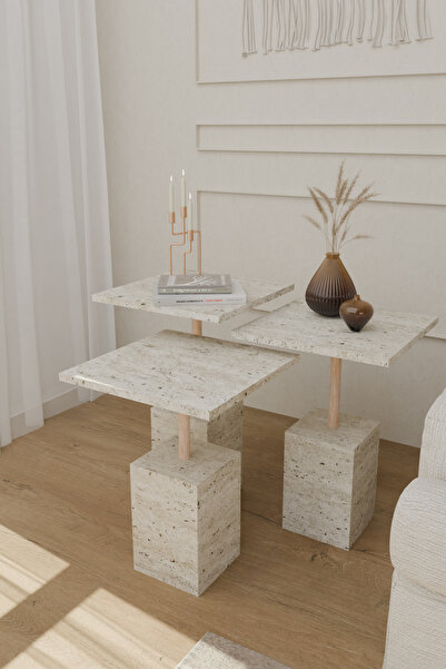 Estoria Home Traverten Desen Terra 3'lü Zigon Sehpa Yan Sehpa Servis Sehpası ...