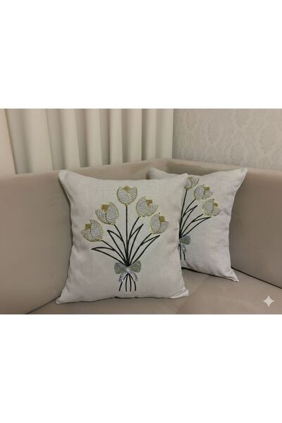 Mustgross Beaded Punch Embroidered Linen Cushion Cover Set of 2 - 43X43 cm