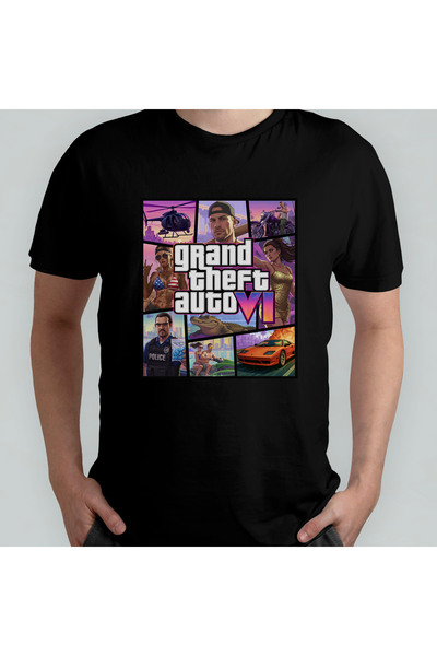 Pixxa Gta Vi Grand Theft Auto 6 Unisex 100% Cotton Crewneck T-Shirt Model 3