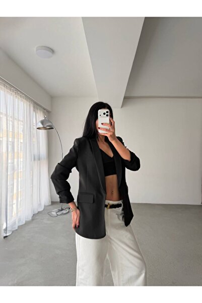 Lunea Womens Kadın Siyah Şal Yaka Astarlı Büzgülü Kol Blazer Ceket