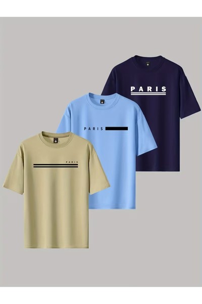 PAVRO Unisex Oversize Fit Multiple Tshrits Paris Striped Printed Tshirt