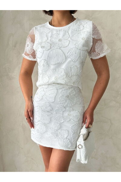 Caddebostan Moda Women's Bead Embroidered Floral Patterned Tulle Detailed Sty...