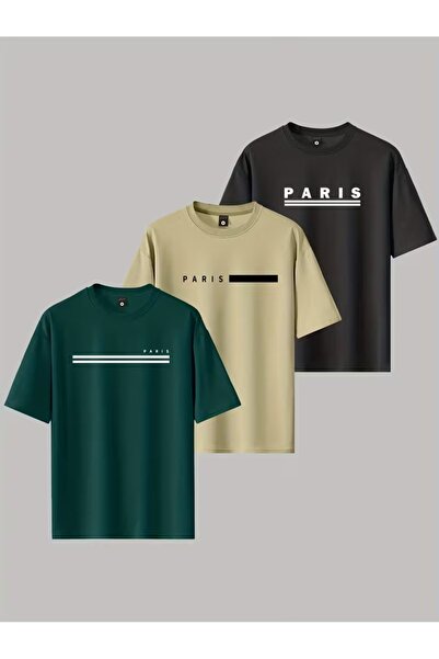 PAVRO Unisex Oversize Fit Multiple Tshrits Paris Striped Printed Tshirt