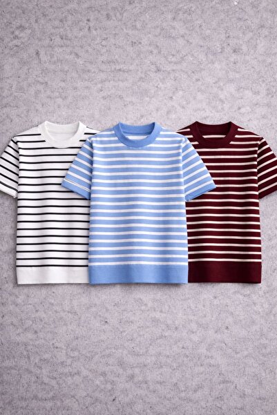 threeoff Premium ριγέ πλεκτό μπλουζάκι ανδρικό, στενή εφαρμογή, κοντομάνικο, ...