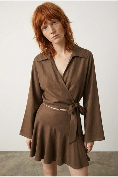 Quzu Women's Wrap Collar Lace-Up Tencel Blouse