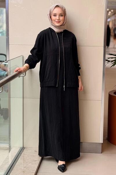 Nuss Ribbed Pattern Bomber Jacket Sleeveless Dress Two-Piece Set