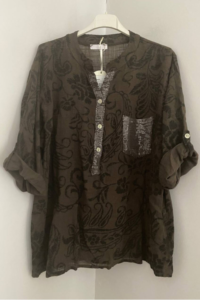 AYASOFYA OTANTIK Women's Italian Brown Sequin Detailed Shawl Collar and Pocke...