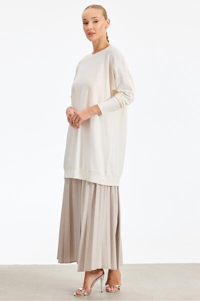 Mahal Crochet Knitwear Shoulder Leaf Stone Printed Mercerized Tunic