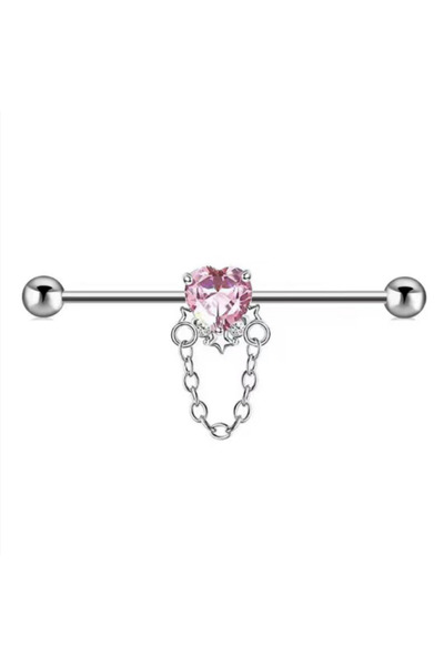 TakıLabirenti Kalp Şeklinde Sallantılı Industrial Barbell Piercing, Taş Detay...