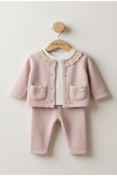 ALYAKİDS Baby Girl Lace Collar Knitwear Cardigan Pants 3-Piece Set Powder