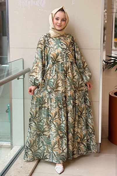 Ghisa Yaka Yarım Düğmeli Desenli Elbise