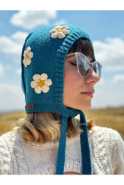 daldandala El örgüsü %100 yün çiçekli bone