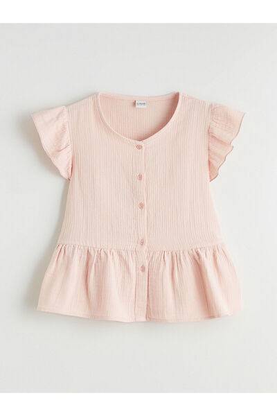 LC Waikiki Pink V-Neck Ruffle Detailed Muslin Girls' Shirt