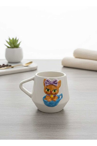 SeraCEY Kedi Desenli 3D Kabartma El İşlemeli Özel Tasarım El Yapımı Seramik Kupa