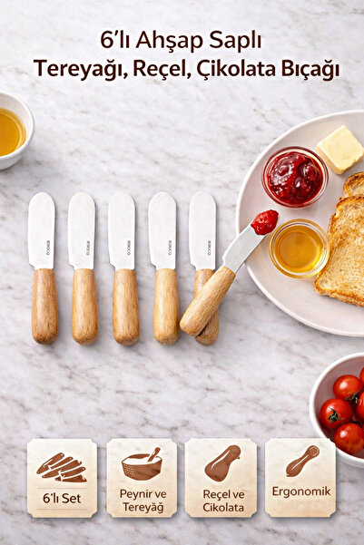 Tilbe Home 6'lı Ahşap Saplı Tereyağı Bıçağı Reçel Çikolata Peynir Sürme Kahva...