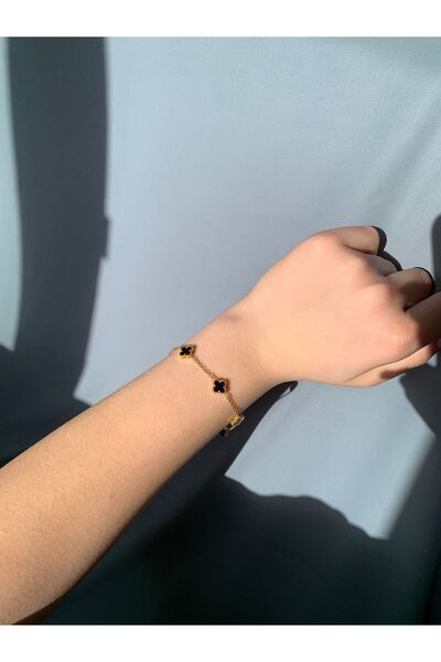 TÜKKAN ACCESSORİES 316L ÇELİK GOLD YONCA SİYAH DETAYLI VC BİLEKLİK