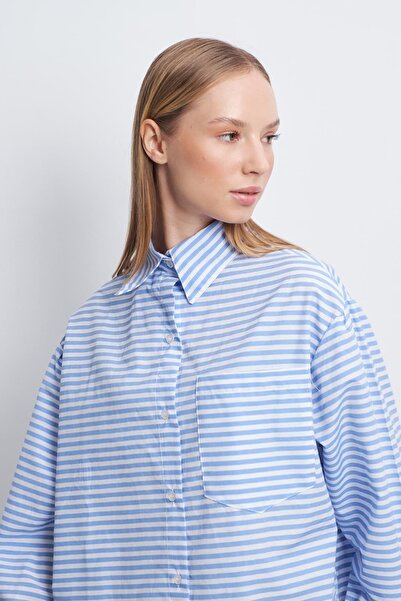 mavi limon Çizgili Boyfriend Cepli Gömlek