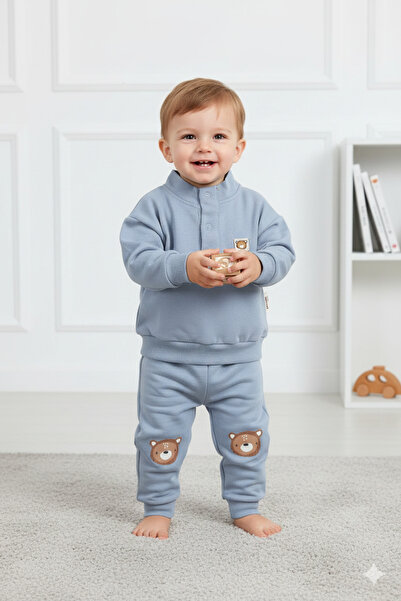 VEGAMOD Baby Boy Seasonal Bear Embroidered Printed Standing Collar Top and Bo...