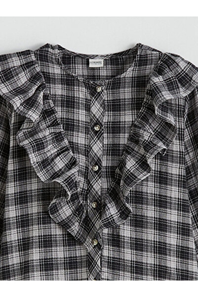 LC Waikiki Εκρού Καρό Πουκάμισο Ποπλίνα με Βολάν για Κορίτσια