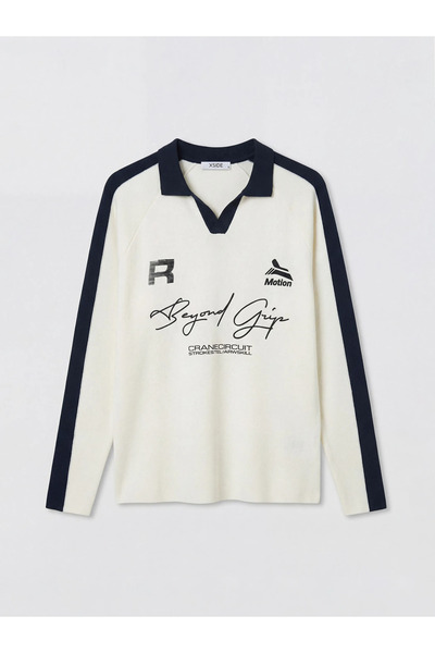 LC Waikiki Ecru polo neck printed men's knit sweater