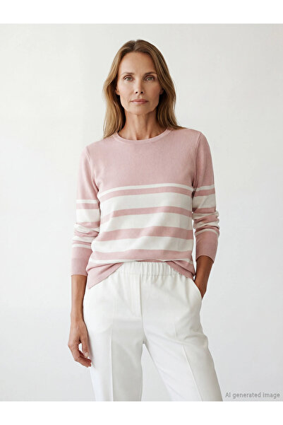 LC Waikiki Pink Crew Neck Striped Women's Knitwear Sweater