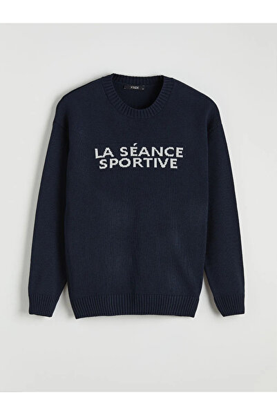 LC Waikiki Navy Blue Crew Neck Slogan Printed Men's Knitwear Sweater