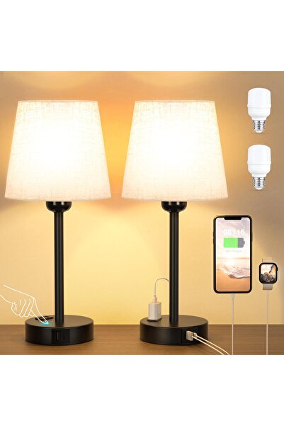 Kakanuo Lampă noptieră 2 bucăți touchscreen cu porturi USB-C + priză AC, dima...