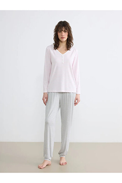 LC Waikiki Top de pijama pentru femei, roz, cu decolteu în V și dungi