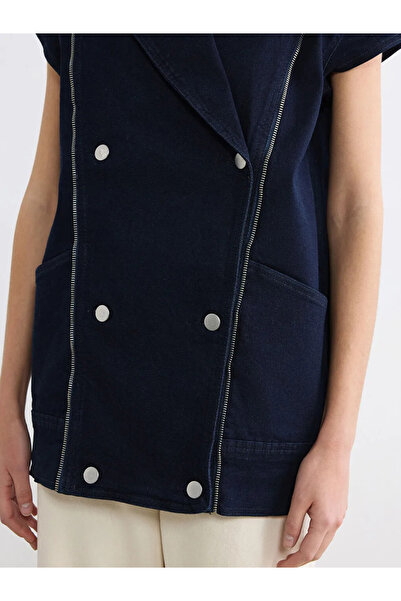LC Waikiki Navy Blue Double-Breasted Collar Women's Jean Vest