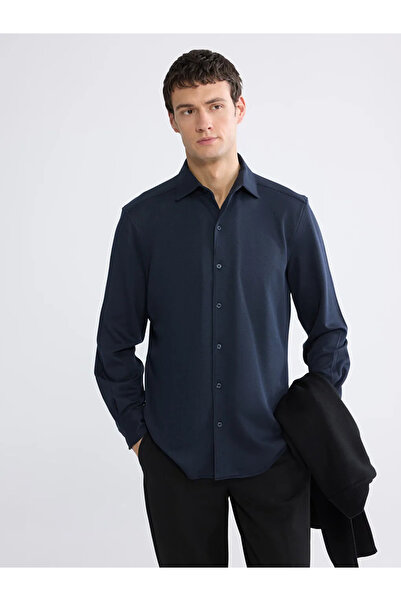 LC Waikiki Navy Blue Slim Fit Long Sleeve Men's Textured Shirt