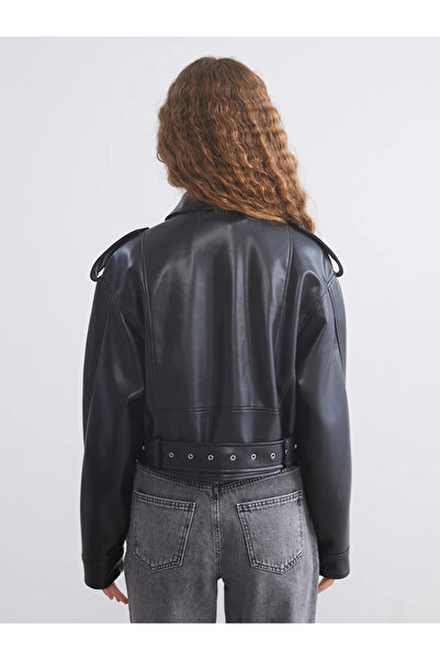 LC Waikiki Black Biker Collar Crop Women's Leather Look Jacket