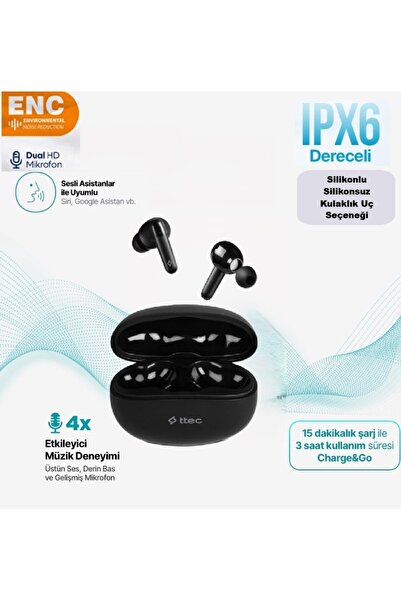 Ttec Bluetooth Kulaklık Siyah Tws AirBeat Switch Kablosuz Kulaklık ENC Siliko...