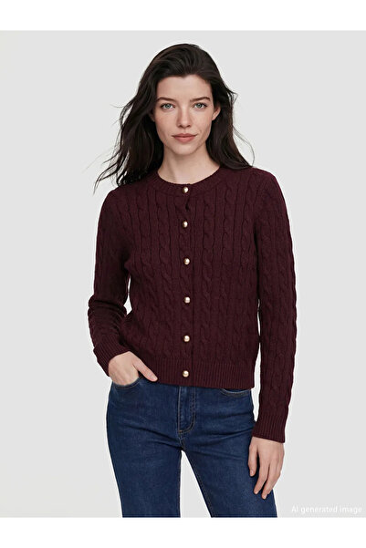 LC Waikiki Burgundy Crew Neck Patterned Women's Knitwear Cardigan