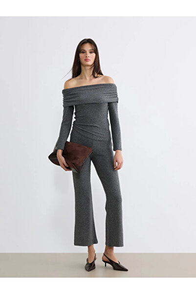 LC Waikiki Γυναικείο παντελόνι ανθρακί με ελαστική μέση και φαρδιά μπατζάκια