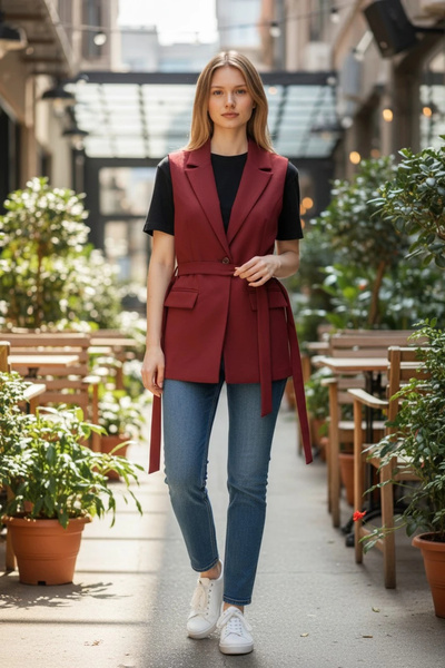 modayiğit Bordo astarlı şık şal yaka kadın yelek