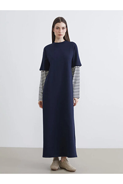 LC Waikiki Navy Blue Crew Neck Striped Sweat Dress