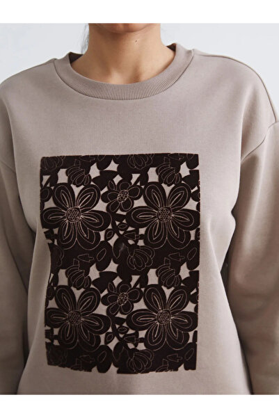 LC Waikiki Καφέ γυναικείο χοντρό φούτερ με στάμπα και λαιμόκοψη ποδηλάτου