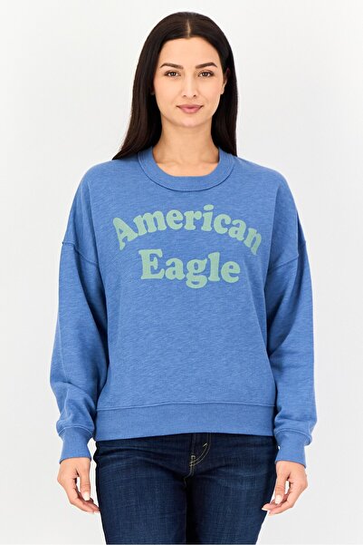 AMERICAN EAGLE Women Crew Neck Long Sleeve Brand Logo Sweater, Blue