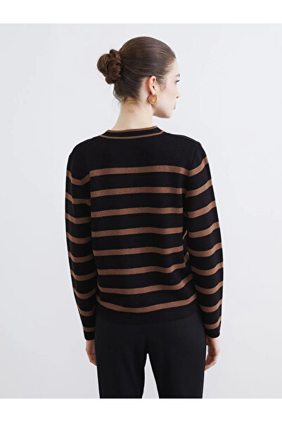 LC Waikiki Brown Crew Neck Striped Women's Knitwear Cardigan