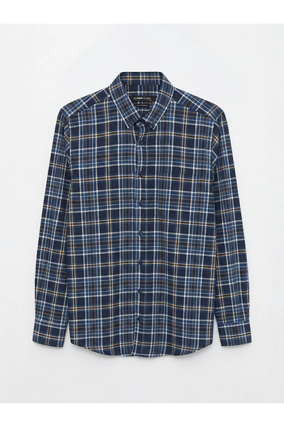 LC Waikiki Navy Blue Regular Fit Plaid Patterned Gabardine Men's Shirt