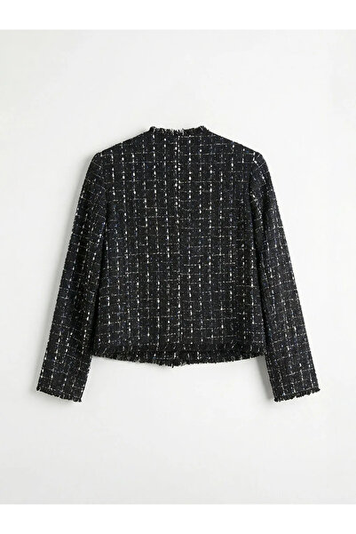 LC Waikiki Black Crew Neck Plaid Women's Tweed Jacket
