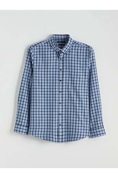 LC Waikiki Ανδρικό πουκάμισο μπλε καρό γαμπαρντίνας κανονικής εφαρμογής