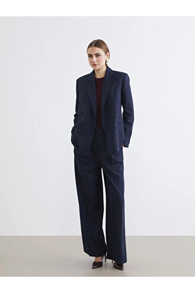 LC Waikiki Navy Blue Double-Breasted Collar Striped Women's Blazer Jacket