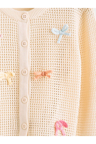 LC Waikiki Cardigan tricotat cu broderie cu fundă pentru fete, culoare ecru