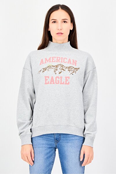 AMERICAN EAGLE Women Mock Neck Graphic Print Long Sleeve Sweatshirt, Grey