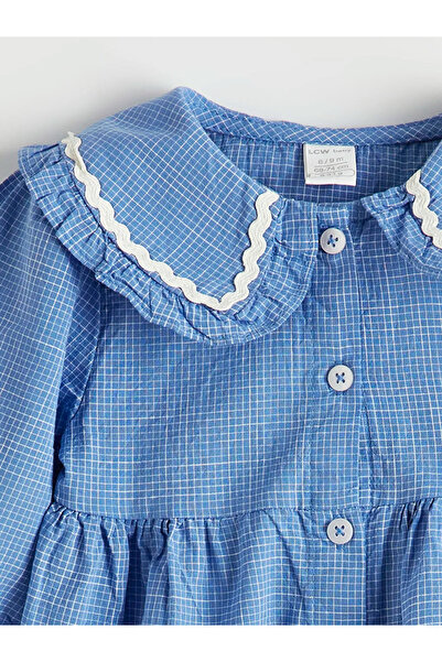 LC Waikiki Mavi Nakışlı Bebe Yaka Kareli Kız Bebek Elbise