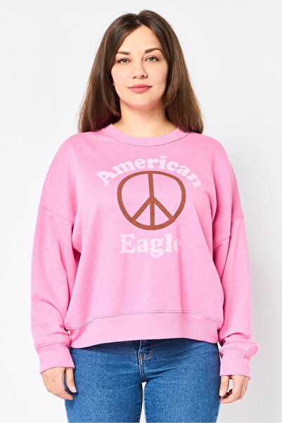 AMERICAN EAGLE Women Crew Neck Long Sleeve Brand Logo Sweatshirt, Pink
